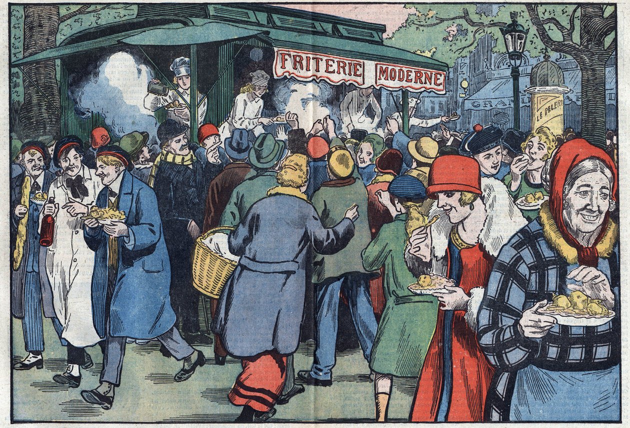 I Paris reser en street fries (pommes friteshandlare), uppmuntrad av regeringen, genom de olika stadsdelarna för att uppmuntra befolkningen att äta fisk. Illustration av Damblans. I "" Le Pelerin"" den 11 april av Eugene Damblans