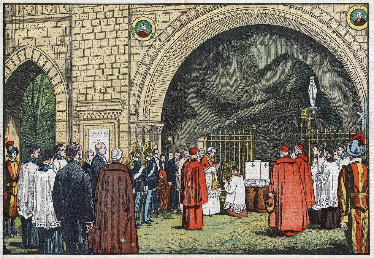 Framför "Grotto de Lourdes", i Vatikanens trädgårdar, välsignade påven Pius XI den första stenen i Propagandakollegiet som skulle resa sig på Janicule. Illustration av Damblans. I "Le Pelerin" den 3 juni av Eugene Damblans