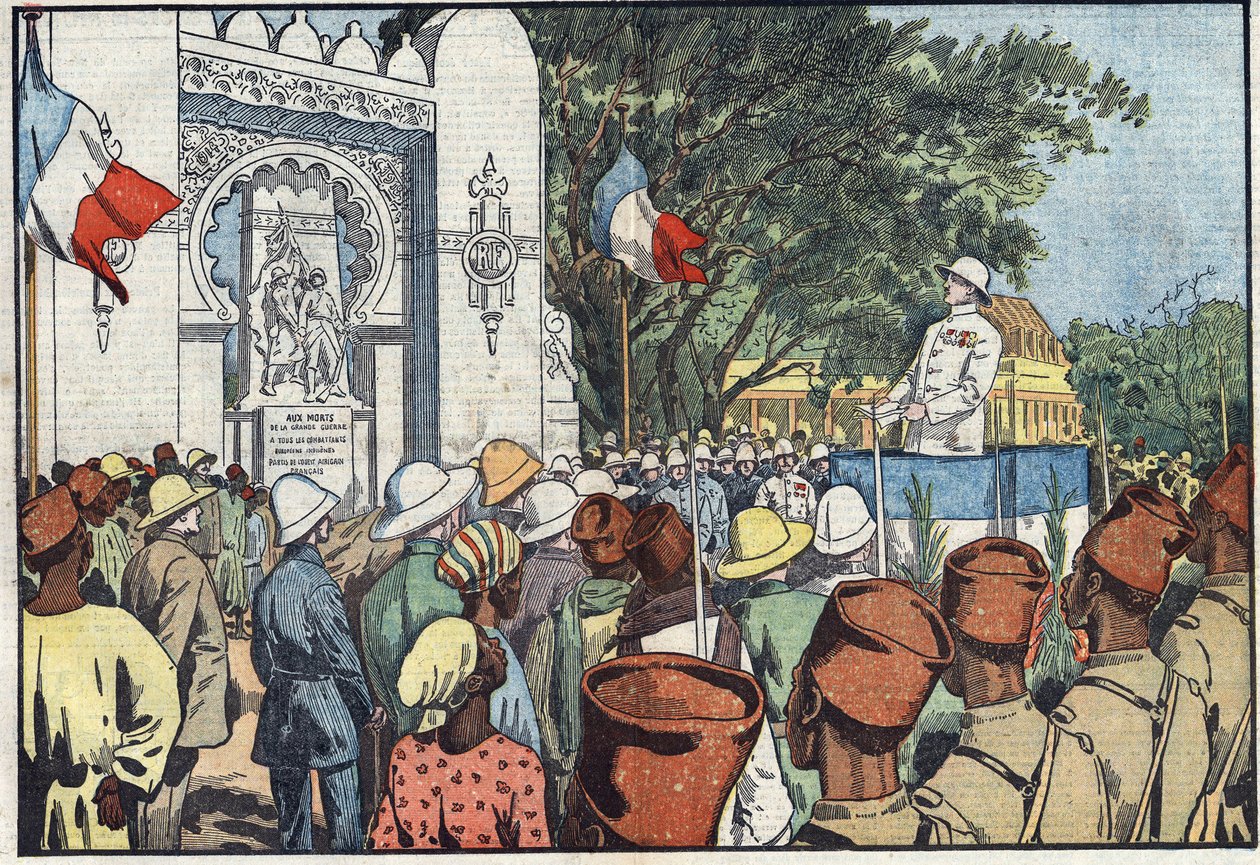 Invigning i Dakar av Andre Maginot (1877-1932), minister för kolonier, av monumentet över de trettio tusen döda i Franska Västafrika. Illustration av Damblans. I "" Le Pelerin"" den 10 mars av Eugene Damblans