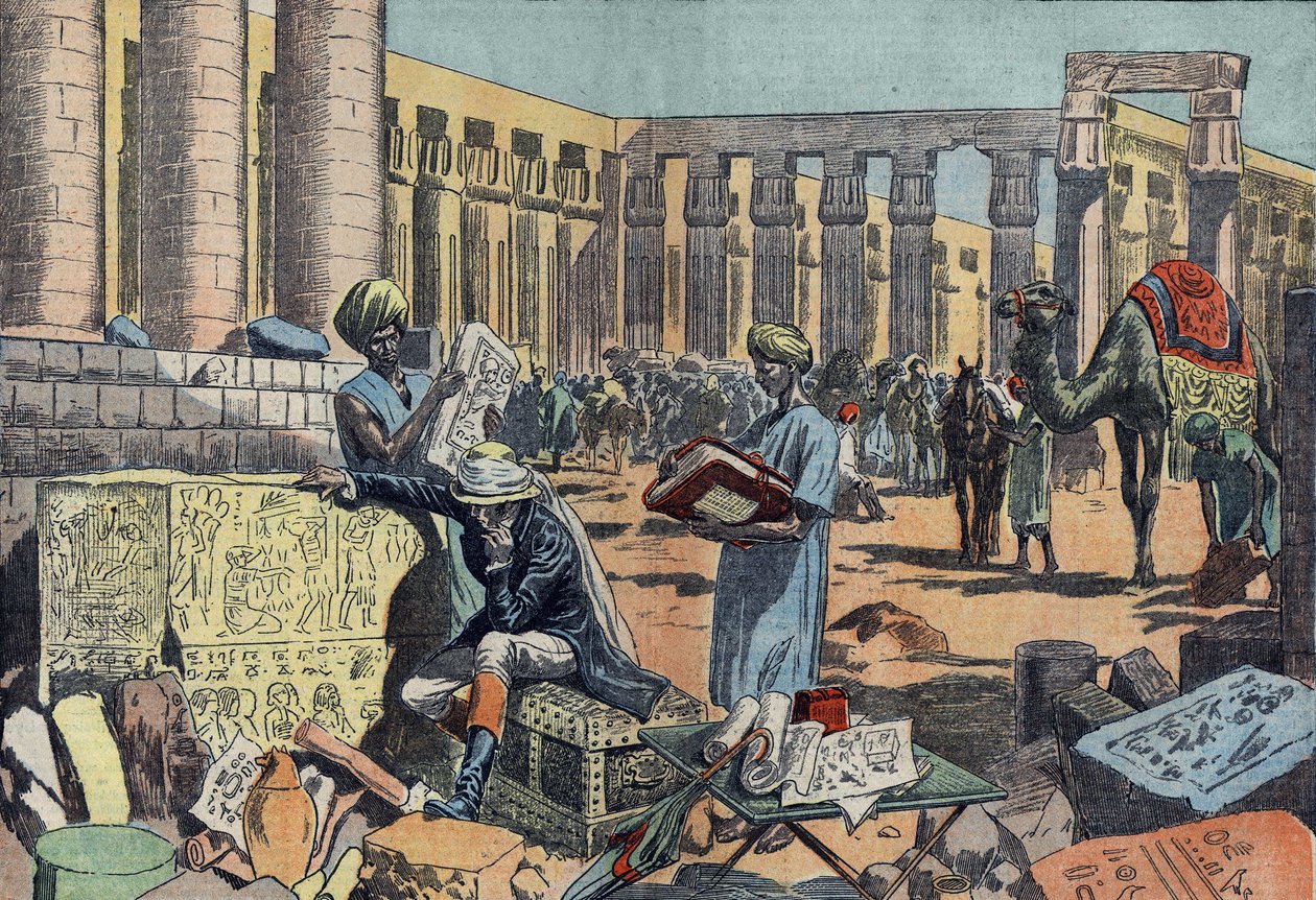 Jean Francois (Jean-Francois) Champollion (1790-1832), en fransk egyptolog, studerar en inskription bland pelargångarna i Thebe. Gravyr från 1923. Ritning av Damblans. av Eugene Damblans