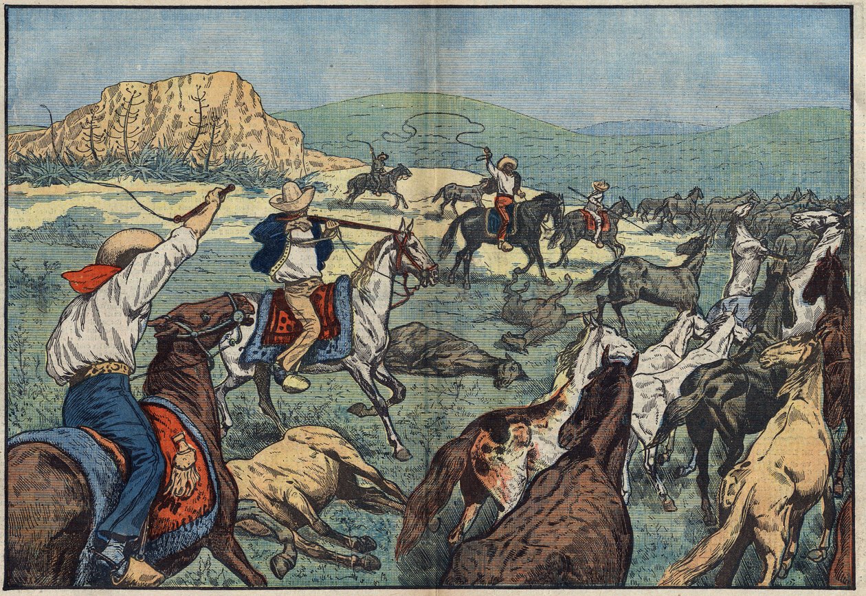 Mexikanska bönder skjuter vilda hästar för att undvika matkrisen i deras land. El Paso Plains, Mexiko. Illustration av Damblans. I "" Le Pelerin"" den 6 oktober av Eugene Damblans