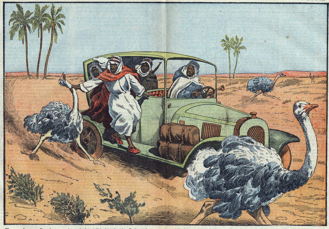 Modern jakt: I den arabiska öknen driver rika beduiner unga österrikare för att fånga dem levande. Illustration av Damblans. I "" Le Pelerin"" den 16 april av Eugene Damblans
