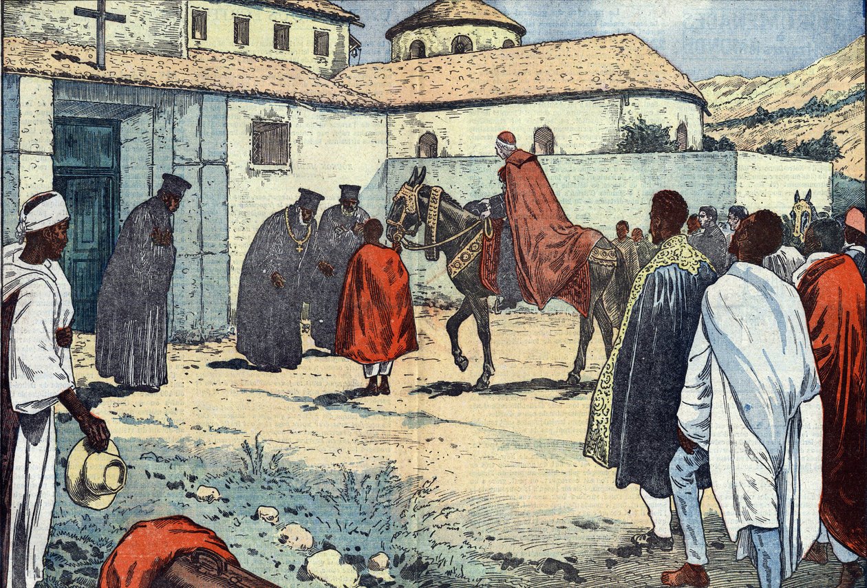 Monsignor Lepicier av Marias tjänareorden, ärkebiskop av Tarsus, togs emot i det koptiska klostret Debre-Bizen med anledning av ett apostoliskt besök i Abessinien (Etiopien). Illustration av simning. I "Le Pelerin"" i augusti av Eugene Damblans