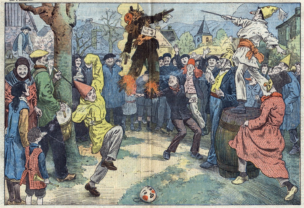 Gamla seder: kremeringen av "" karnevalen", på kvällen Mardi Gras (Mardi-Gras), representerar nöjen och goda kära övergivna vid tröskeln till Careme. Illustration av Damblans. I "" Le Pelerin"" den 16 mars av Eugene Damblans