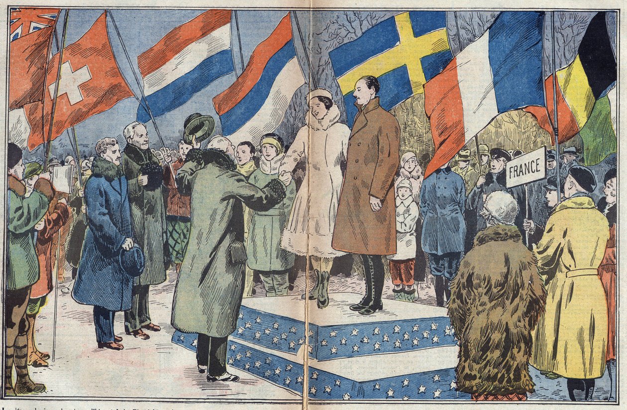 Olympiska vinterspelen (1932) - avslutningsceremoni: de franska skridskoåkarna M. och fru Brunet Joly (Brunet-Joly), olympiska mästare, gratuleras av juryn. Lake Placid, USA. Illustration av Damblans. I "" Le Pelerin"" den 18 mars av Eugene Damblans