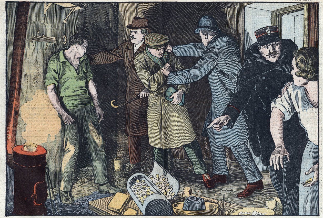 Polisen överraskar i Paris skidåkare som sjönk i sin degel för flera miljoner guld- och silvermynt. Illustration av Damblans. I "" Le Pelerin"" den 28 februari av Eugene Damblans
