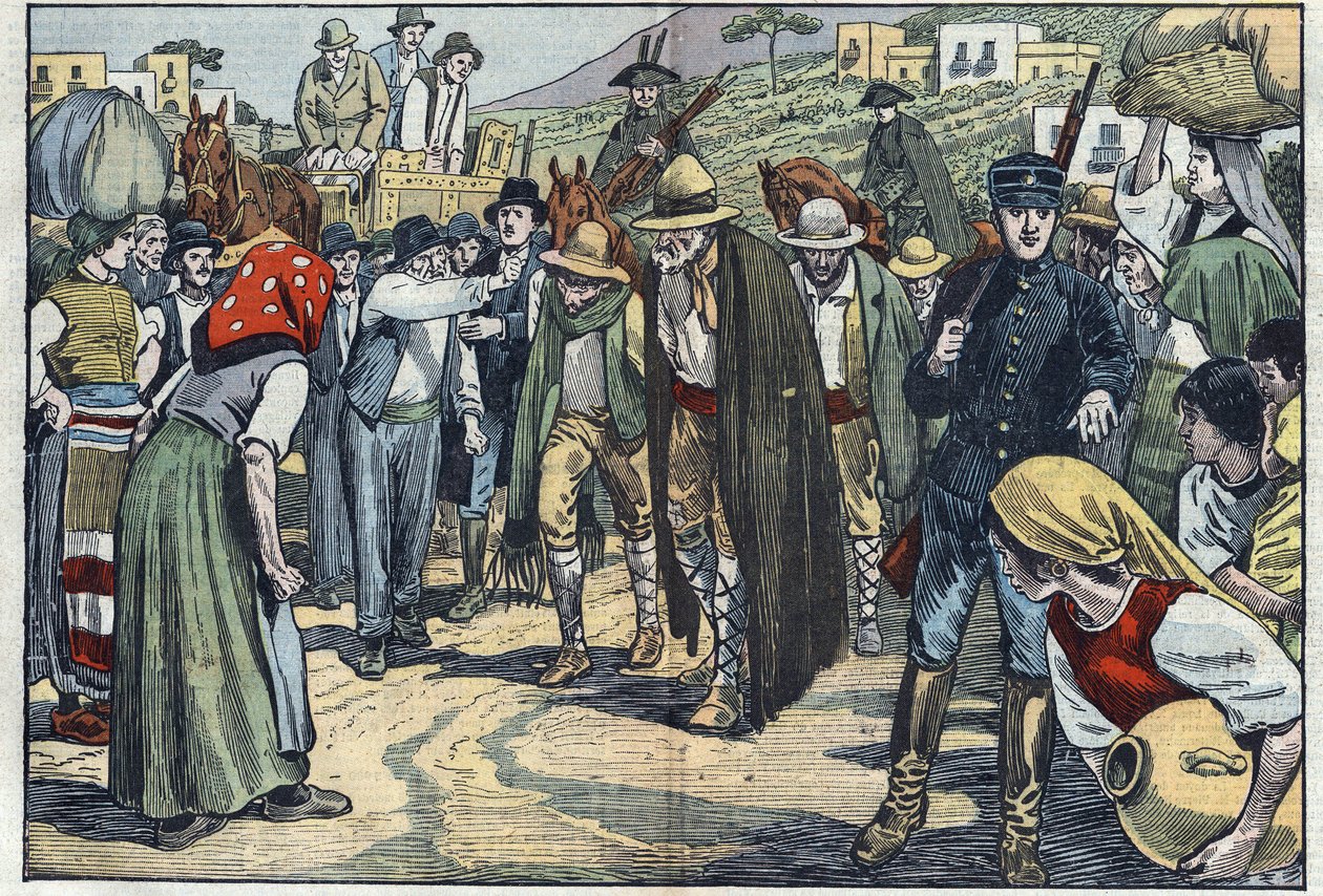 Rånare arresterade av den italienska fascistpolisen. Sicilien, Italien. Illustration av Damblans. I "" Le Pelerin"" den 14 februari av Eugene Damblans