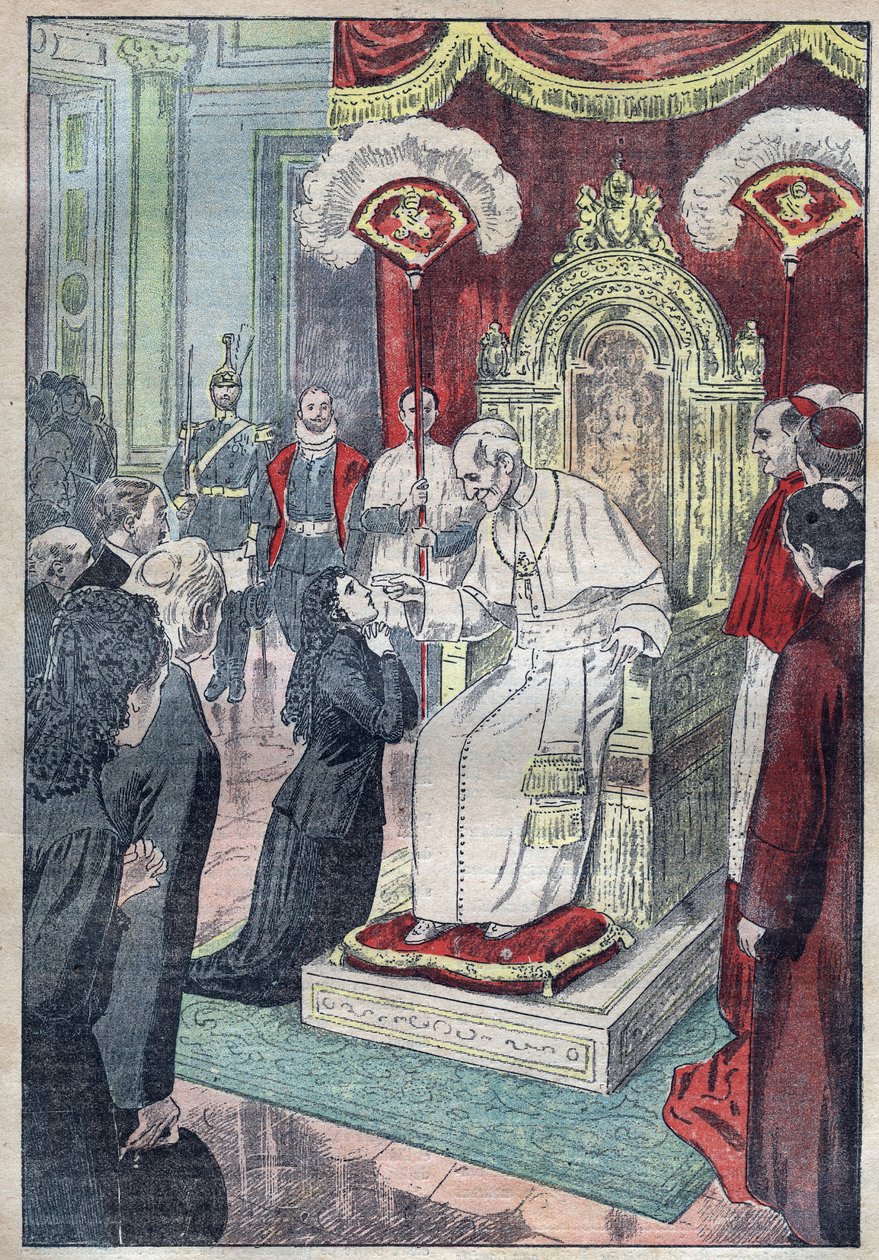 Den heliga Therese av Jesusbarnet (eller Lisieux 1873-1897), fortfarande en ung flicka vid foten av påven Leon XIII, fick hon gå in i Karmel vid femton års ålder 1888 - illustration av Damblans från 1923 av Eugene Damblans