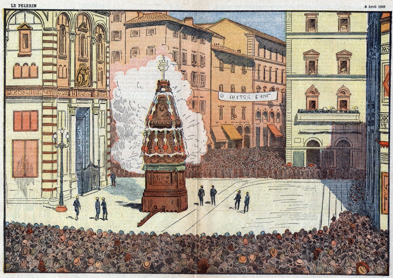 Scoppio del Carro (explosion av vagnen) folkevenemang i staden Florens - illustration av Damlans i april 1928 av Eugene Damblans