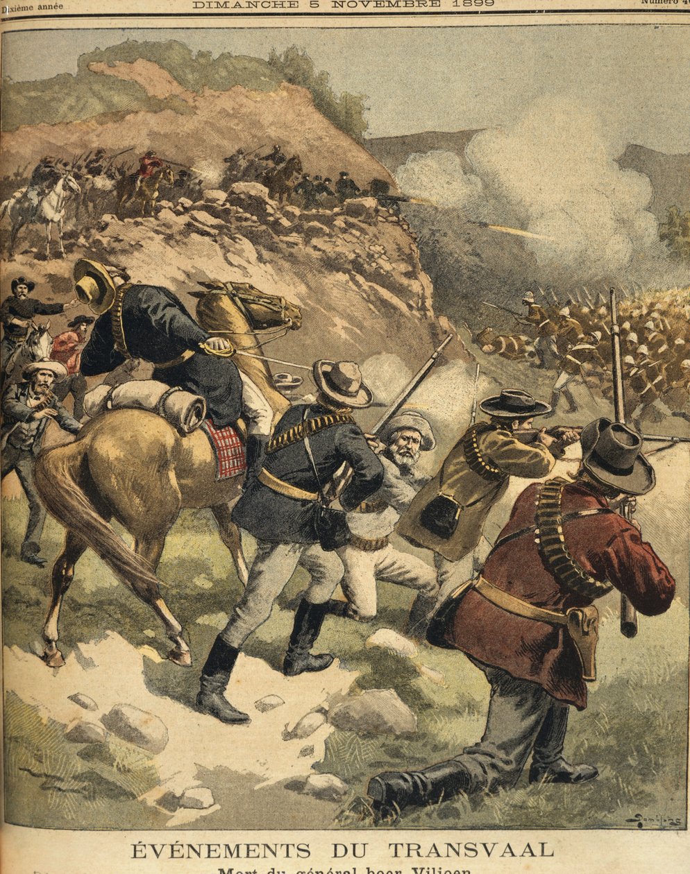 Sydafrika, The Anglo Boer Wars, Boergeneralen Viljoens död under ett slagsmål med engelsmännen, tryck av Eugene Damblans
