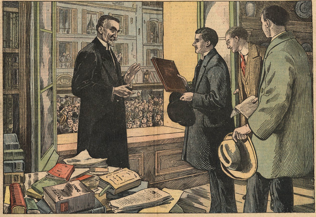 Studenter vid den juridiska fakulteten ger en adress till dekanus Henry Berthelemy (1857-1943). Illustration av Damblans. I "" Le Pelerin"" den 10 april av Eugene Damblans
