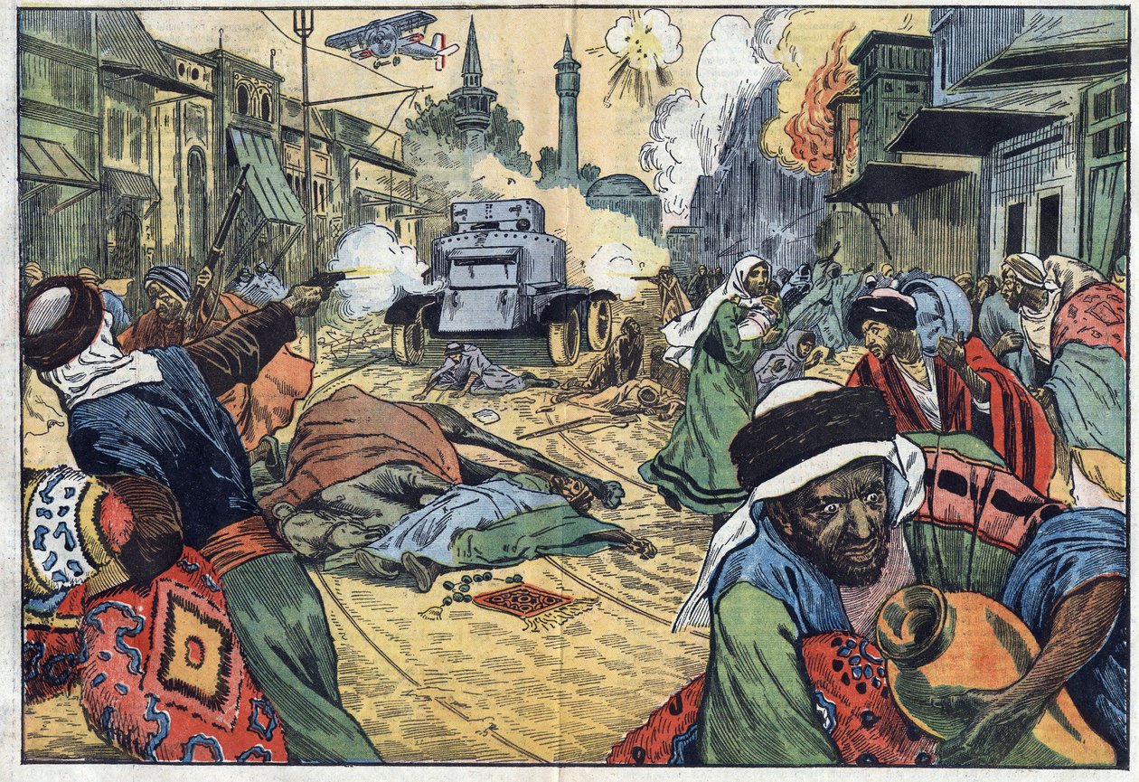 Druserna (druserna) plundrade gatorna i Damaskus (Syrien) under attacken mot staden med flygplan och en självmaskinpistol (självmaskingevär) av franska trupper av general Maurice Sarrail (1856-1929). Illustration av Damblans. I "" Le Pelerin"" den 15 novem av Eugene Damblans