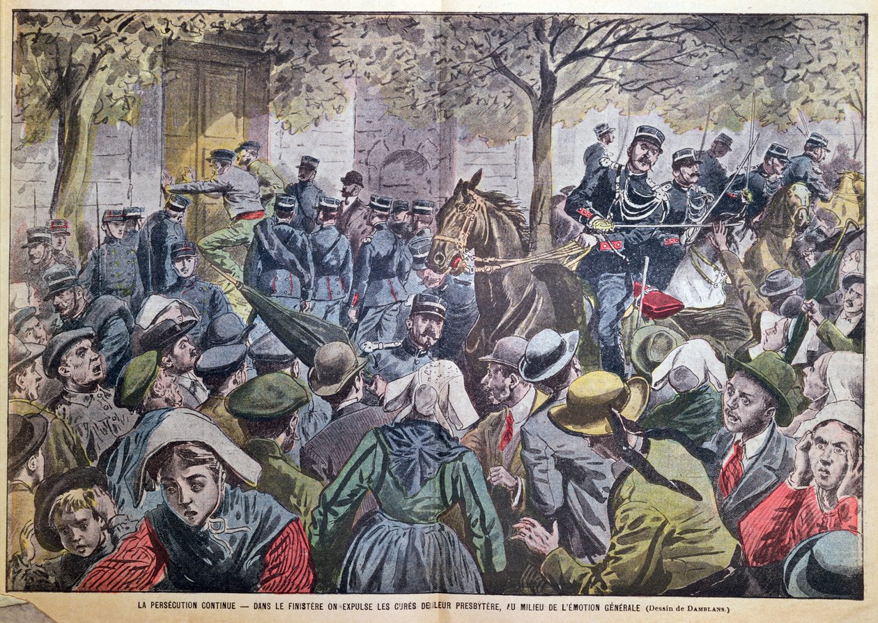 Utvisningen av präster från deras presbyterier i Finistere, Bretagne, illustration från tidskriften "Le Pelerin", 27 oktober 1907 av Eugene Damblans