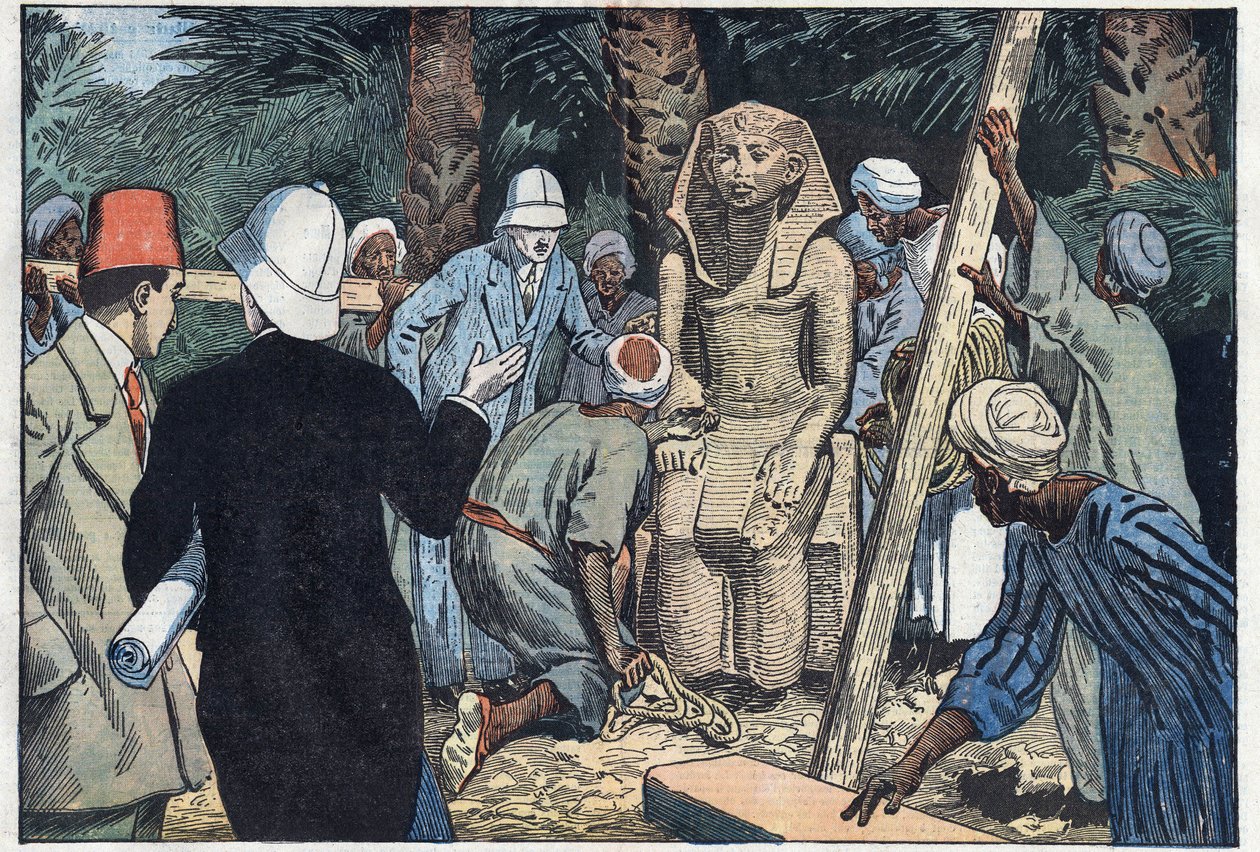 Det franska arkeolgiska uppdraget upptäcker en staty av tonåringen Sesostris III som kommer att föras till Louvren. Medamoud, forntida Thebe, Egypten. Illustration av Damblans. I "" Le Pelerin"" den 22 november av Eugene Damblans