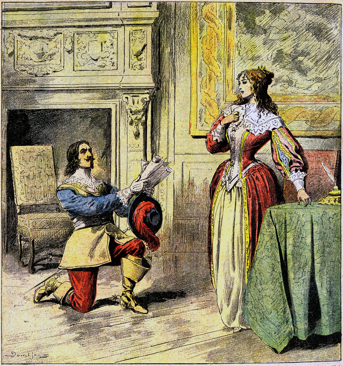 Musketören av Artagnan knäböjer vid fötterna av drottning Anne av Österrike för att lämna tillbaka hennes brev - Illustration av Damblans till romanen "Ving ans Apres" av Alexandre Dumas i "Journal of Illustrous Folk Romans"" från början av 1900-talet av Eugene Damblans