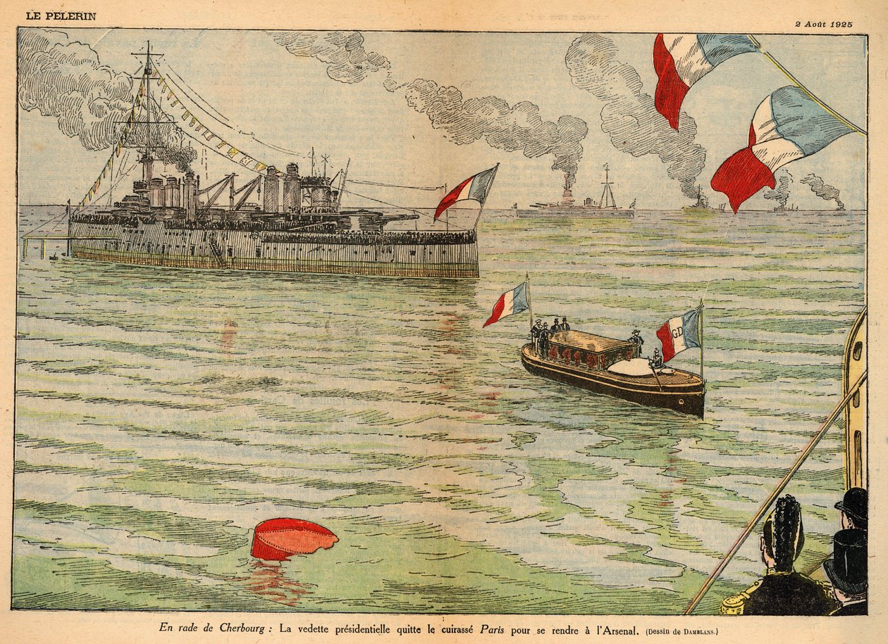 Presidentens standard, Cherbourgs hamn, dubbelsidig uppslag i "Le Pelerin" 2 augusti 1925 (litografi av Eugene Damblans