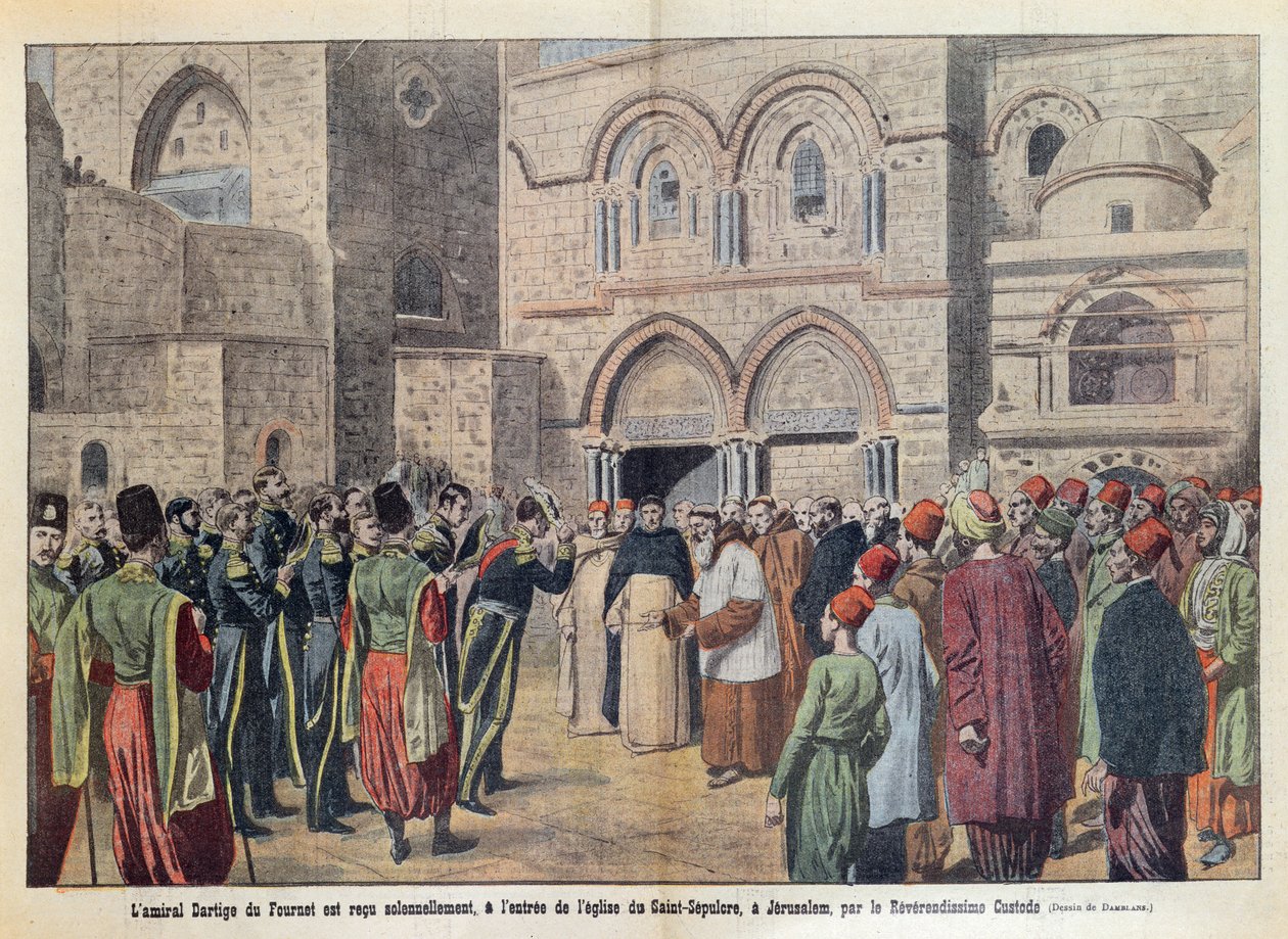 Mottagandet av amiral Dartige du Fournet (1856-1940) i den heliga gravens kyrka i Jerusalem, illustration från tidningen Le Pelerin den 2 augusti 1911. av Eugene Damblans