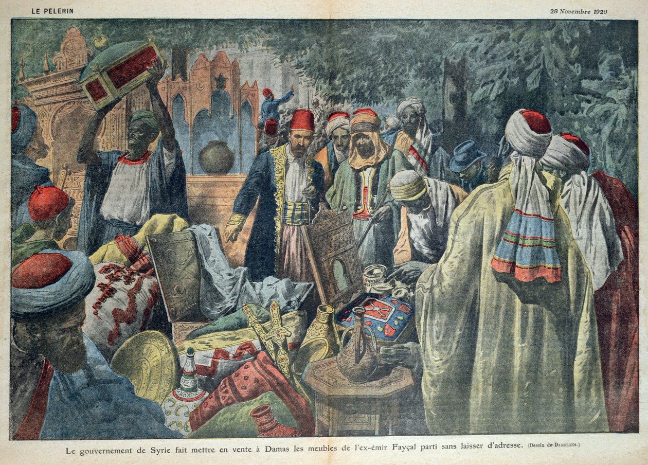 Den syriska regeringens försäljning av varor från Emir Faisal (1883-1923) i Damaskus, illustration från tidskriften "Le Pelerin", 20 november 1920 av Eugene Damblans