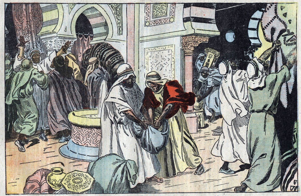 Wahabiterna, efter att ha tagit Mecka, plundrade kung Husseins palats. Illustration av Damblans. I "" Le Pelerin"" den 2 november av Eugene Damblans
