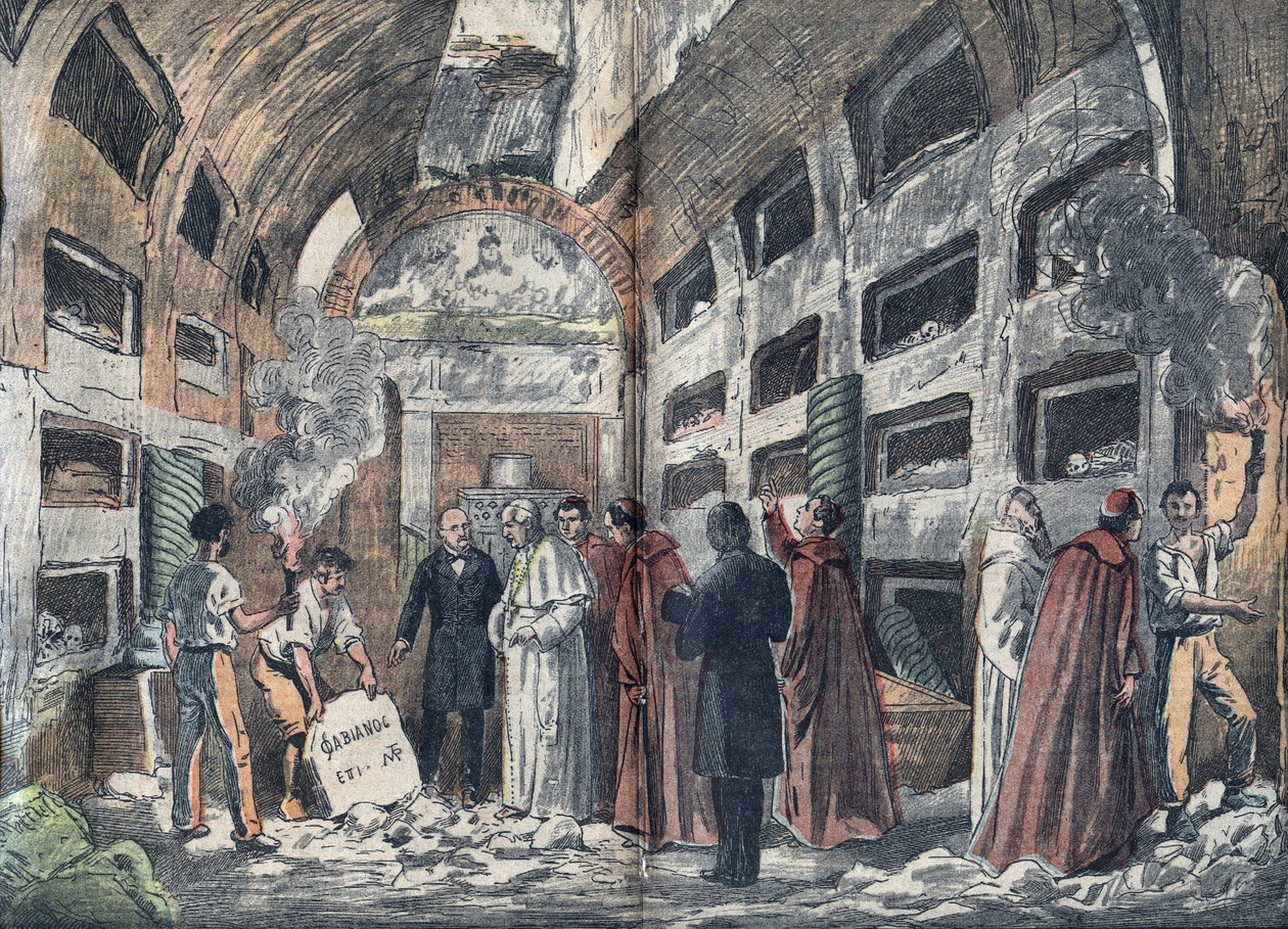 Arkeologen Giovanni Battista de Rossi (1822-1894) får påven Pius IX att besöka påvarnas krypta som han just har upptäckt (1852) - Illustration av Damblans i "" le-Pelerin"" 1923 av Eugene Damblans