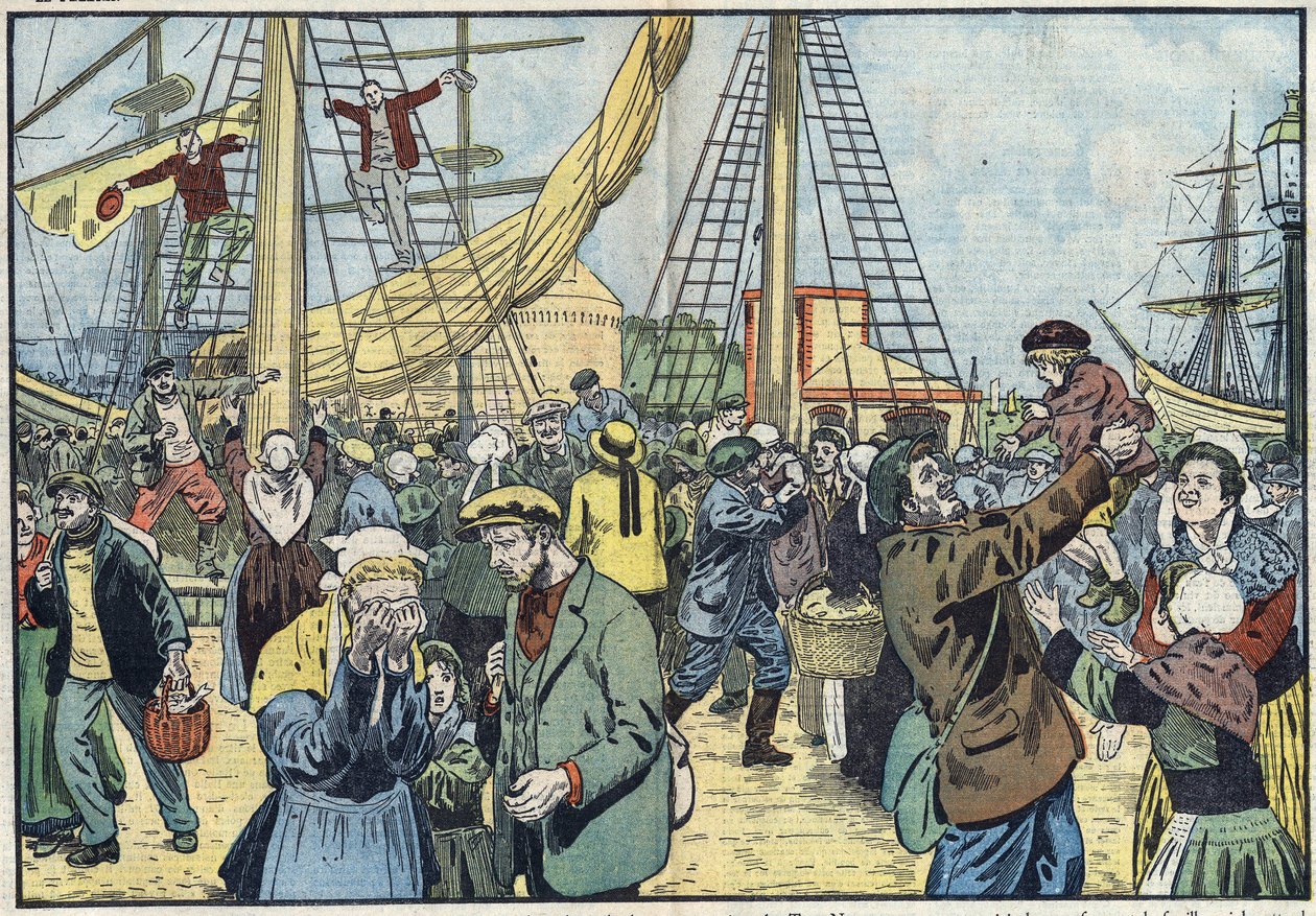 Torskens återkomst till Saint-Malo: Terres-Neuvas fiskade och återförenades med sina familjer. Illustration av Damblans. I "" Le Pelerin"" den 7 oktober av Eugene Damblans