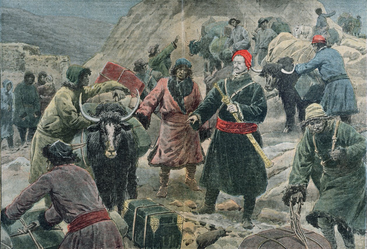 Utforskaren Sven Ander Hedin (1865-1952) i Tibet, illustration från "Le Pelerin", februari 1909. av Eugene Damblans