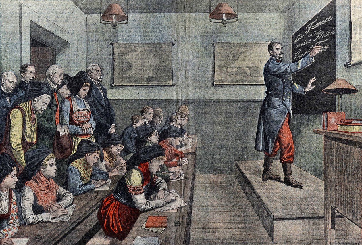 Den första klassen i franska i Alsace är återerövrad. Illustration av Damblans. I "Le Pelerin"" från 1914. av Eugene Damblans