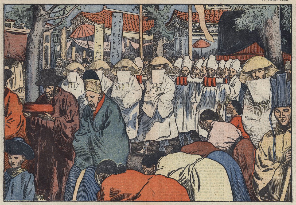 Begravningen av den tidigare kejsaren av Korea, prins Yi. Man kan se katafalken vid dörren till palatset i Seoul, medan Aigos eller "Cereers Coreens" klagar över prinsens död. Seoul, Korea. Illustration av Damblans. I "" Le Pelerin"" i juli av Eugene Damblans