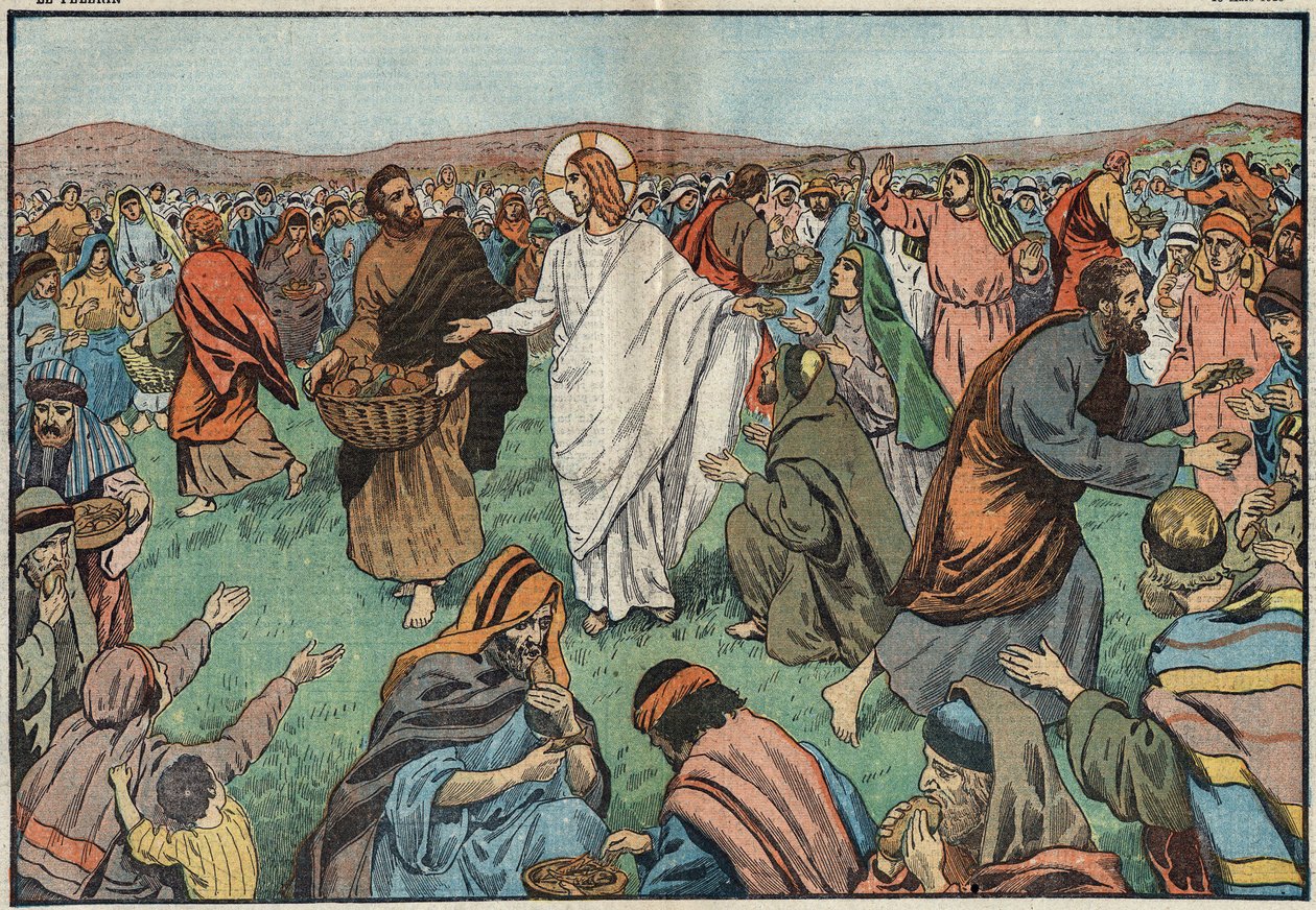 Förökningen av bröd: vid Tiberiadsjöns strand tillfredsställde Jesus Kristus (Jesus Kristus) befolkningen genom att multiplicera fem kornbröd och två fiskar. Illustration av Damblans. I "" Le Pelerin"" den 18 mars av Eugene Damblans
