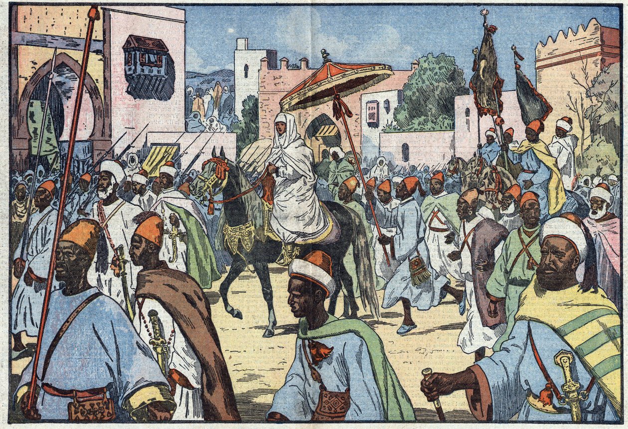 Den nya sultanen av Marocko, Moulay Mohammed, gör sitt intåg i staden Rabat. Illustration av Damblans. I "" Le Pelerin"" den 4 december av Eugene Damblans