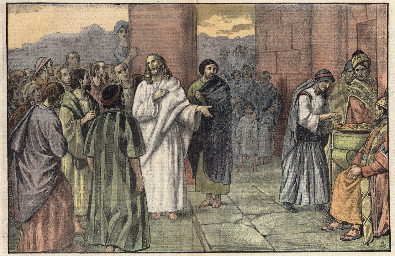 Änkans offer. Evangelium enligt Markus, kapitel 12, v. 41-44. Illustration av Damblans. I "" Le Pelerin"" den 28 juni av Eugene Damblans