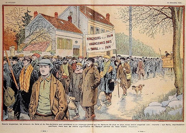 Arbetslösa gruvarbetare från norra Frankrike och regionen Pas-de-Calais marscherar till Paris, illustration från 