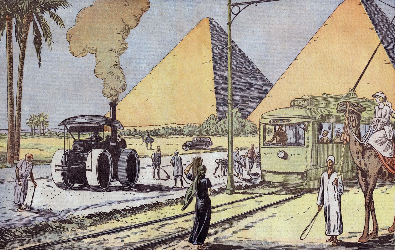 Utsikt över Giza-pyramiderna i Egypten, illustration av Eugene Damblans från franska tidningen "Le Pelerin" 1 januari av Eugene Damblans