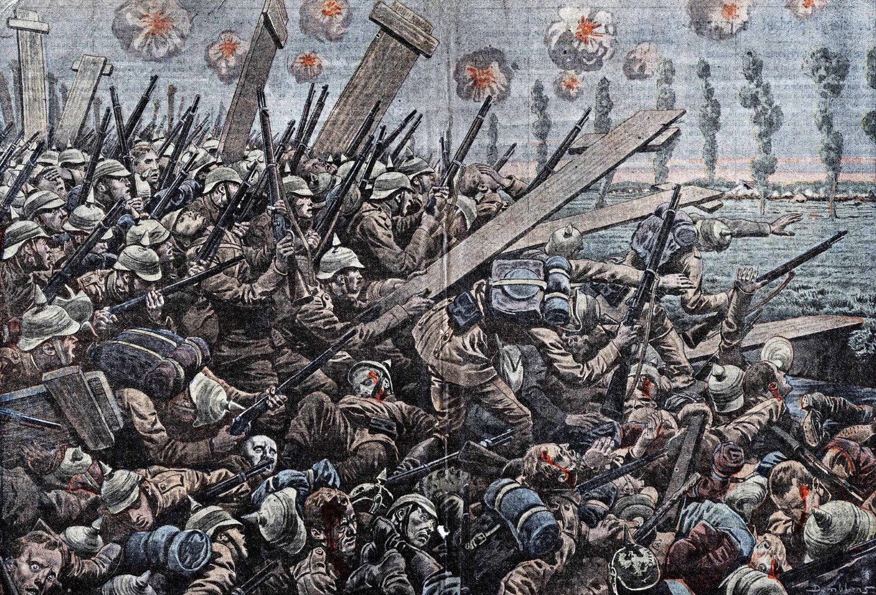 Kriget 1914-1918. Belgiens front 1914. Tyska soldater på Yser. Teckning av Damblans. av Eugene Damblans