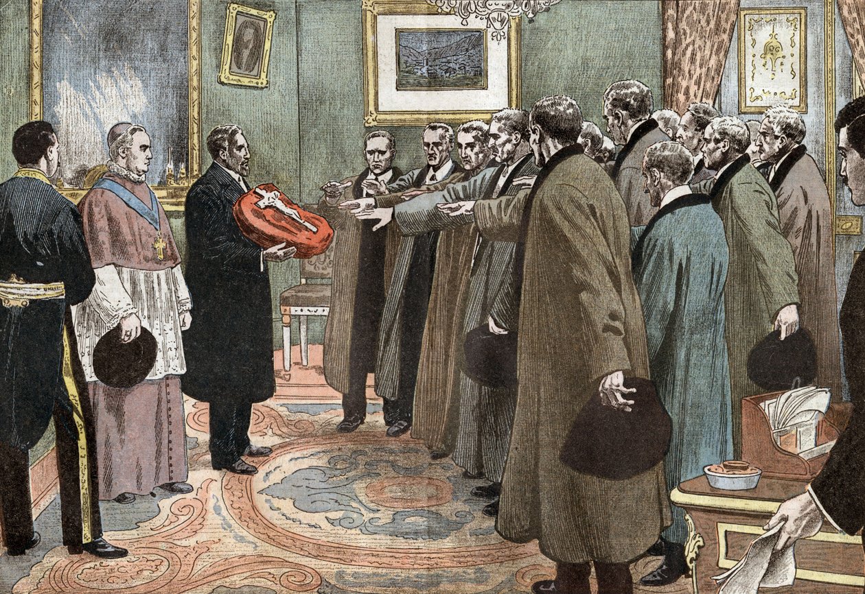 delegater från republiken Andorre med biskop av Urgel som avlägger lydnadseden till Frankrike, illustration av Damblans från tidningen "Le Pelerin" 3 maj av Eugene Damblans