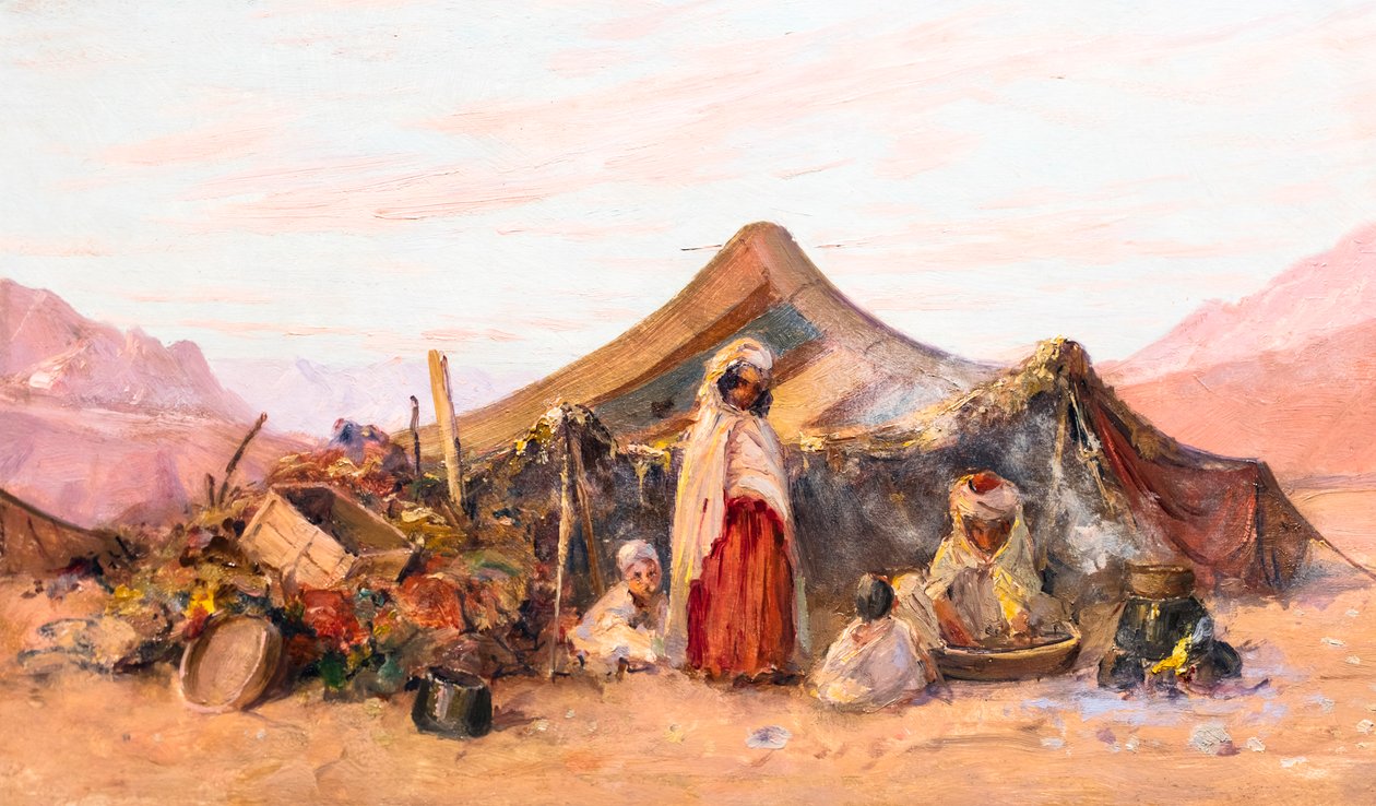 Nomadläger i södra Algeriet (olja på trä) av Eugene Deshayes