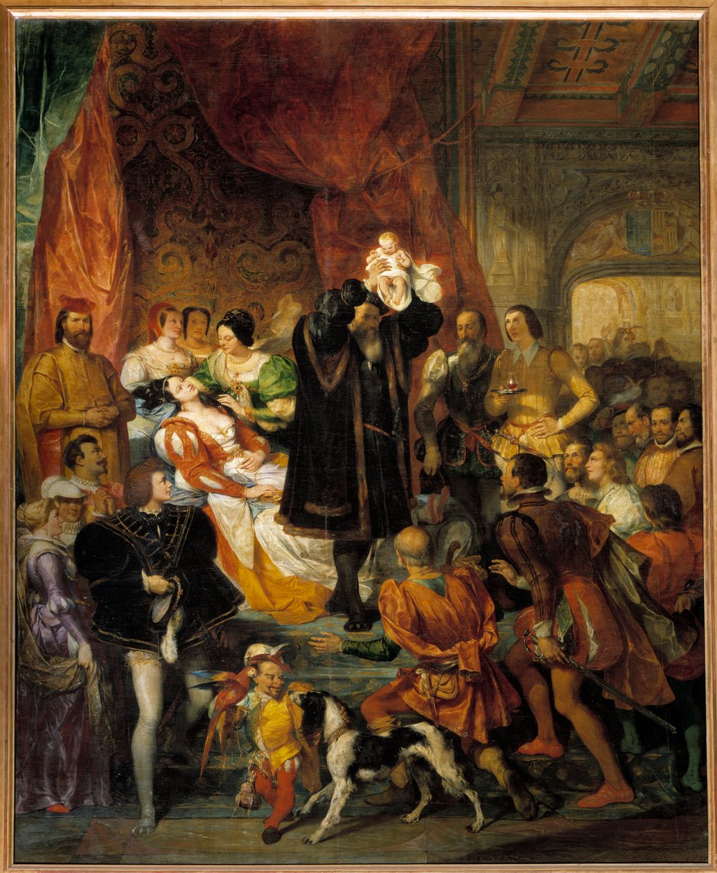 Kung Henrik IVs födelse den 13/12/1553 på Chateau de Pau Jeanne III, känd som Jeanne d"Albret, föder den framtida kungen visar besökare av sin far Antoine de Bourbon av Eugene Deveria