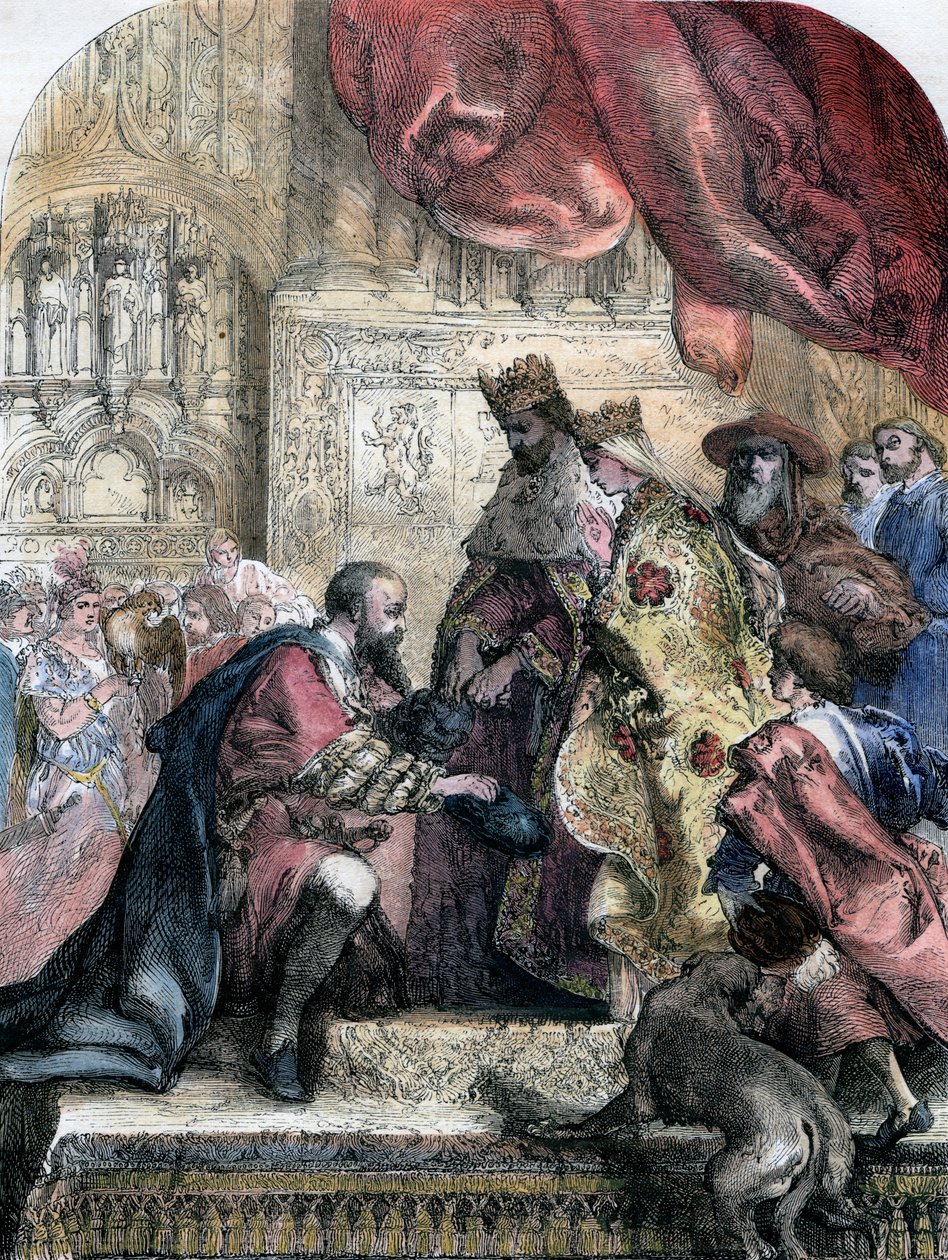 Mottagning av Columbus av Ferdinand och Isabella, Barcelona, 1400-talet, 1800-talet av Eugene Deveria
