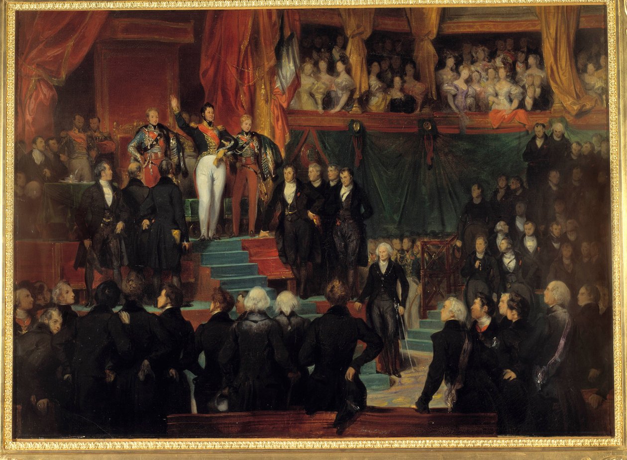 Revolutionen 1830: "" Kung Louis Philippe I (1773-1850) svor att behålla 1830 års stadga i närvaro av kamrarna som återförenades i den provisoriska salen i Palais Bourbon den 9 augusti av Eugene Deveria