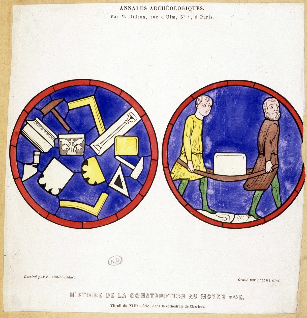 Byggnadshistoria under medeltiden: En liknelse av 1200-talets målade glasfönster, i Cathedrale de Chartres - teckning av Eugene Viollet-le-Duc (Viollet le Duc) (1814-1879) och med flera makoniska symboler. av Eugene Emmanuel (after) Viollet le Duc