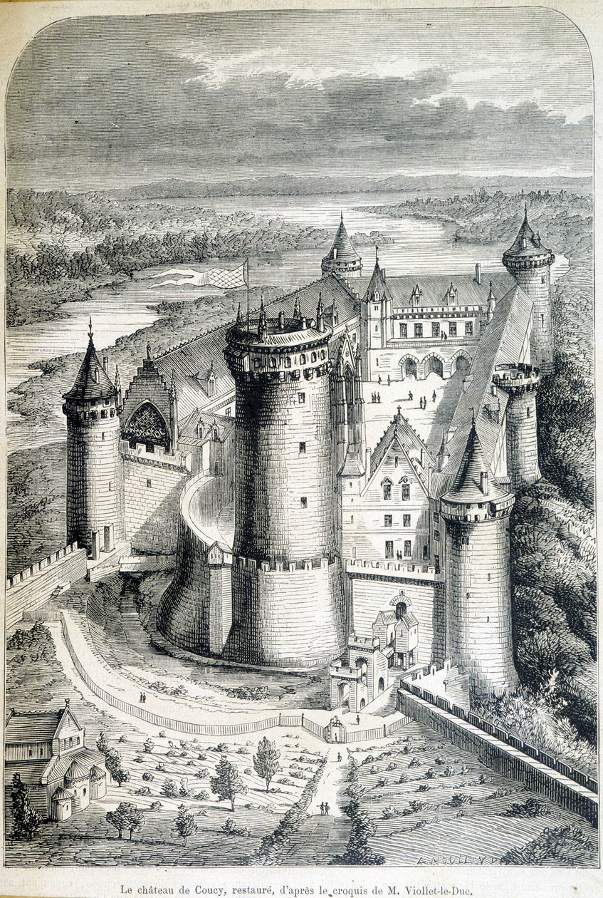 Le chateau de Coucy, restaurerad - gravyr från skissen//av Eugene Viollet-le-Duc (Viollet le Duc) (1814-1879) - "" Le Monde illustrious""" av 1858-05-08. av Eugene Emmanuel (after) Viollet le Duc