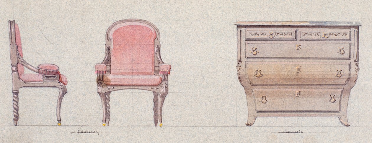 Fåtölj och kommod till Golden Room av Eugene Emmanuel Viollet le Duc