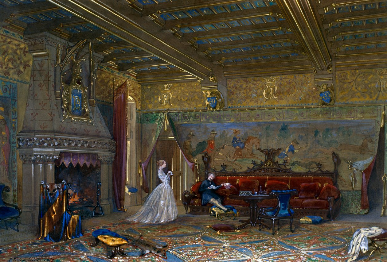 Design av en hall i gotisk stil för Chateau de Pierrefonds, med kejsaren och kejsarinnan av Eugene Emmanuel Viollet le Duc