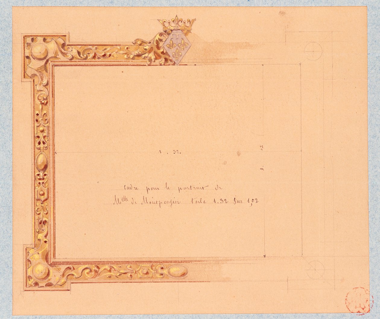Design av taklisten för Mademoiselle de Montpensiers porträtt, av Eugene Emmanuel Viollet-Le-Duc (1814-1879), akvarellteckning av Eugene Emmanuel Viollet le Duc