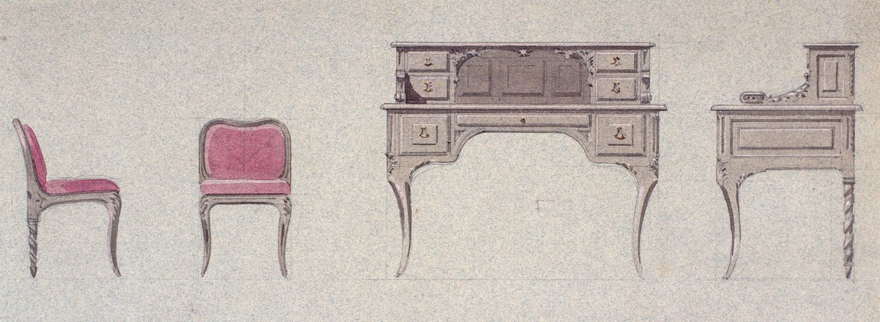 Låg ryggstol och skrivbord för Golden Room av Eugene Emmanuel Viollet le Duc