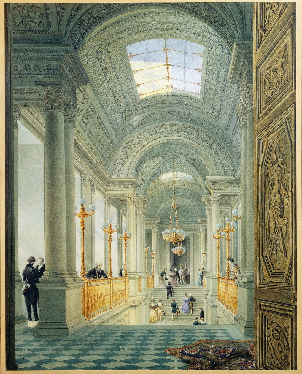 Paris. Den stora trappan i Tuileries Palace, av Eugene Viollet Le Duc, cirka 1840, akvarellmålning av Eugene Emmanuel Viollet le Duc
