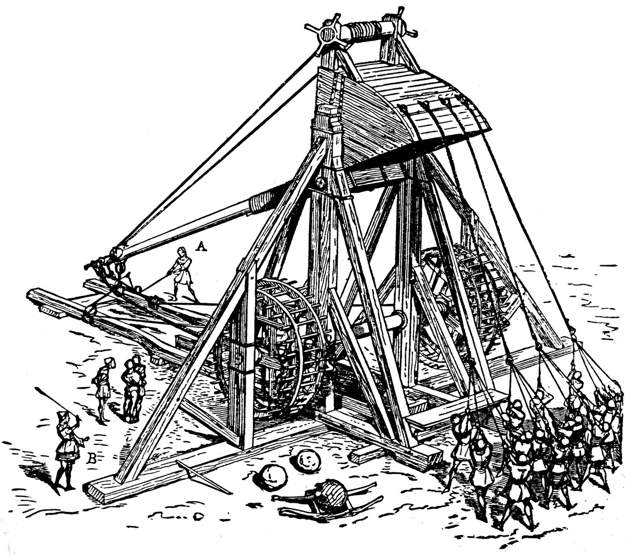 Rekonstitution av en enorm katapult (typ motvikts trebuchet), kallad mangonneau av Eugene Emmanuel Viollet le Duc