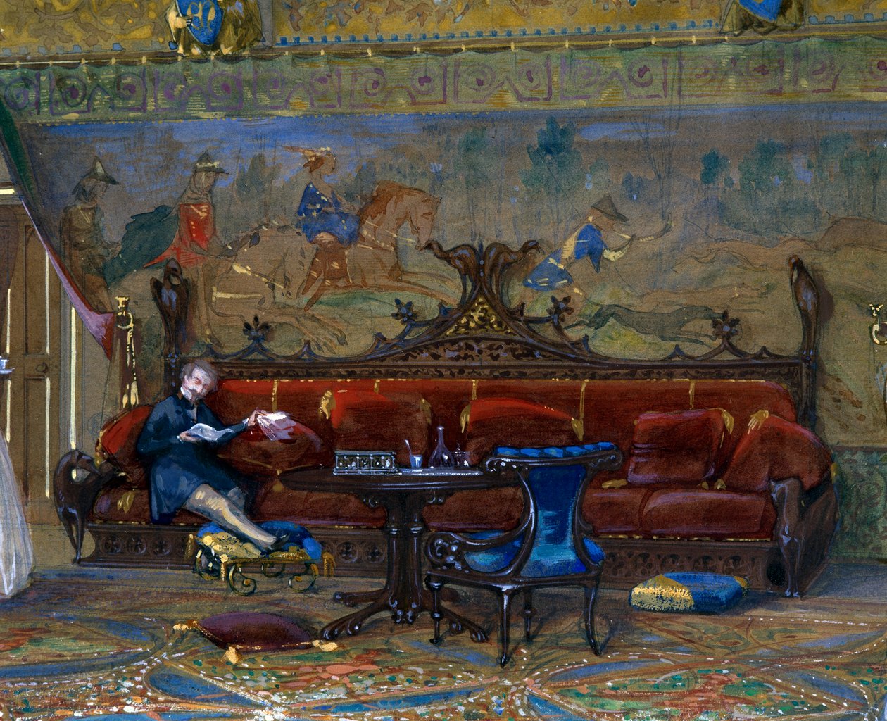 Design av en hall i gotisk stil för Chateau de Pierrefonds, med kejsaren och kejsarinnan av Eugene Emmanuel Viollet le Duc