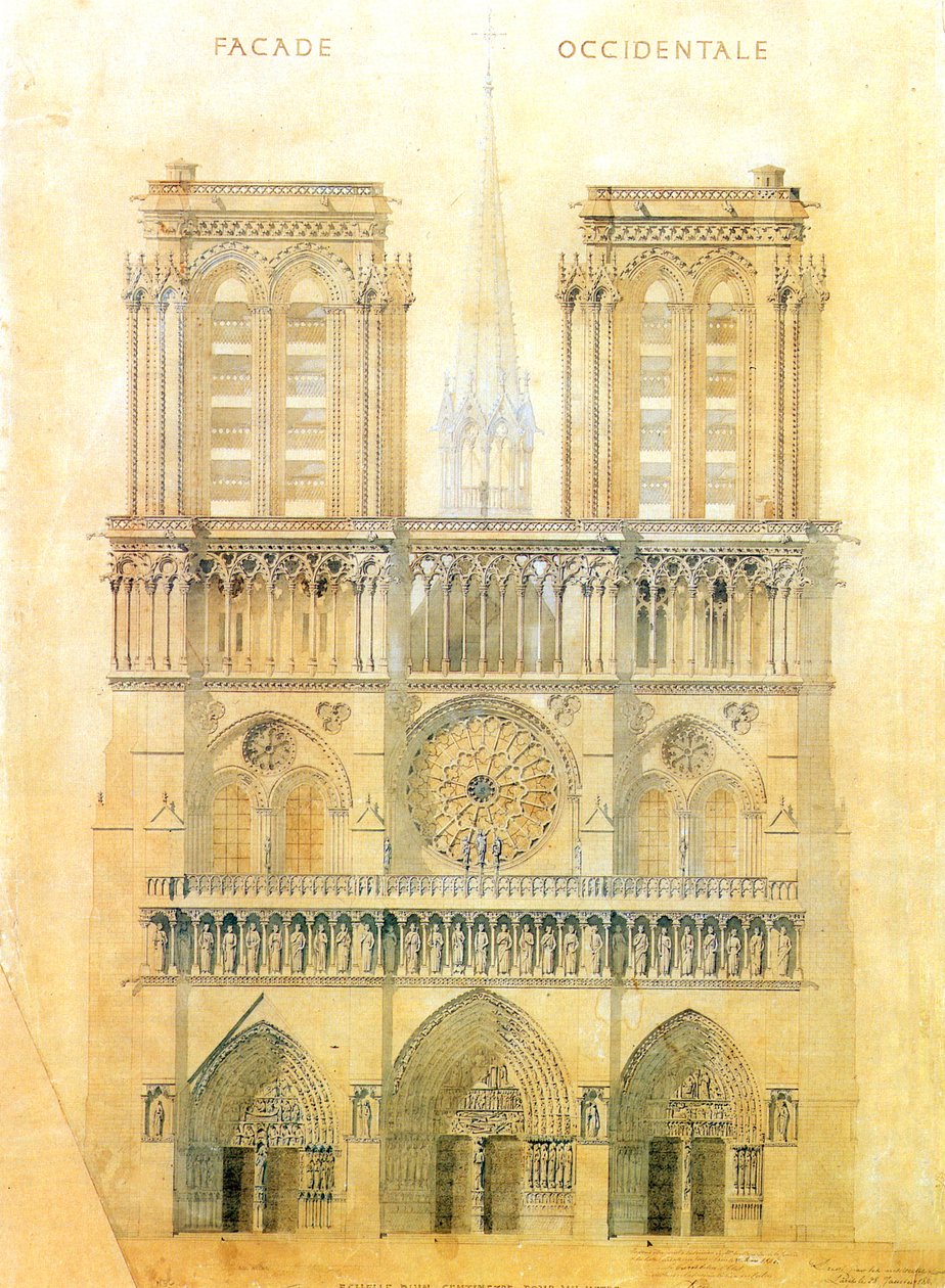 Projekt för restaurering av västfasaden på Notre Dame-katedralen i Paris med rekonstruktion av spiran vid korsningen, 1843 av Eugene Emmanuel Viollet le Duc