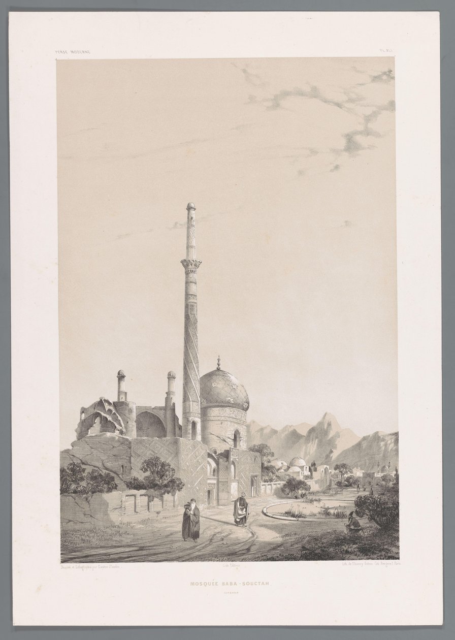 Baba Sukhte-moskén med Bagh-e-Ghoushkhane-minareten i Isfahan Moskén Baba-Souctah Ispahan (titel på objektet) Persiska landskap (serietitel) Perse modern (serietitel) av Eugene Flandin